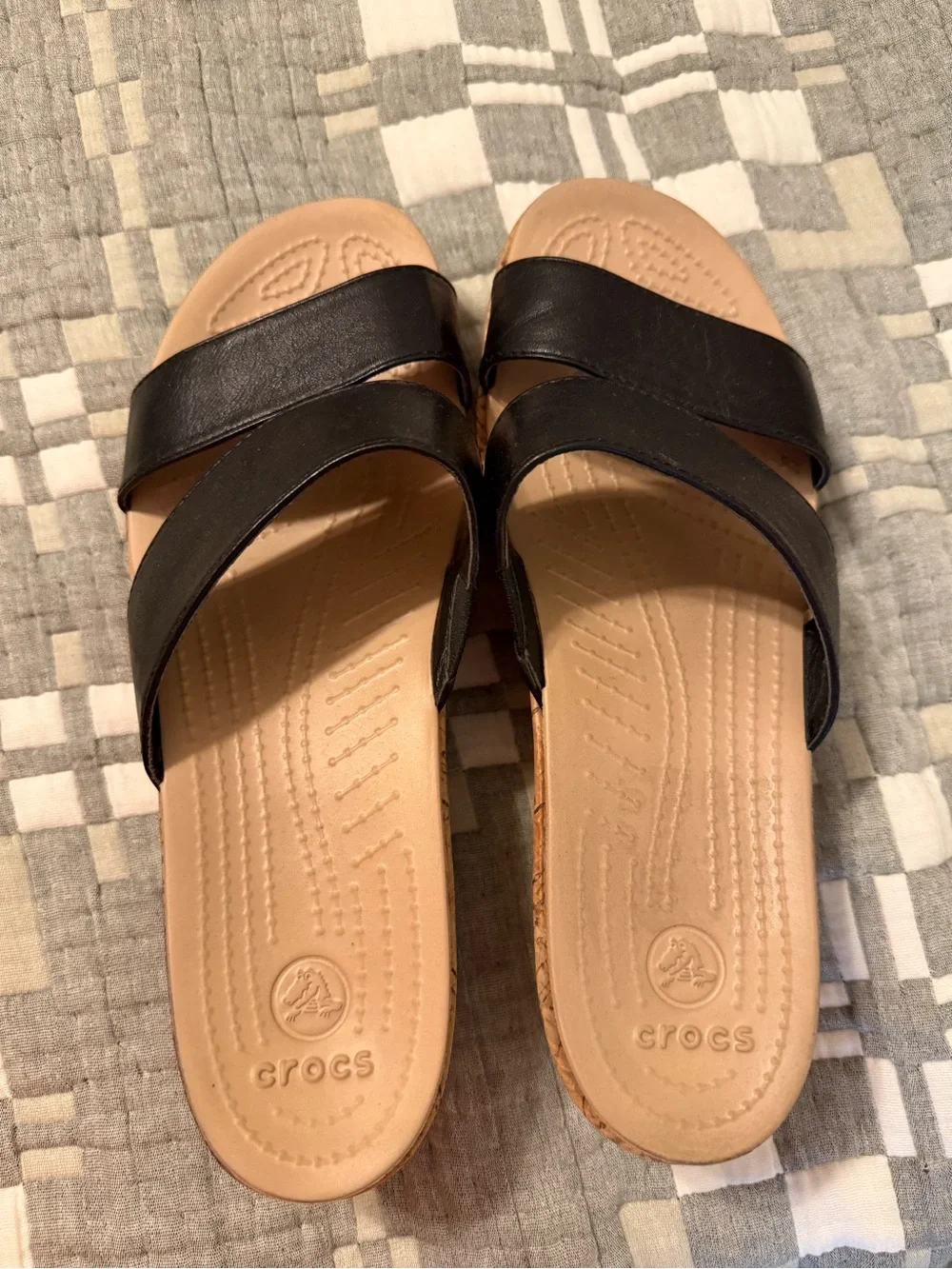 CROCS Black Leather-Look Cork Wedge Sandals